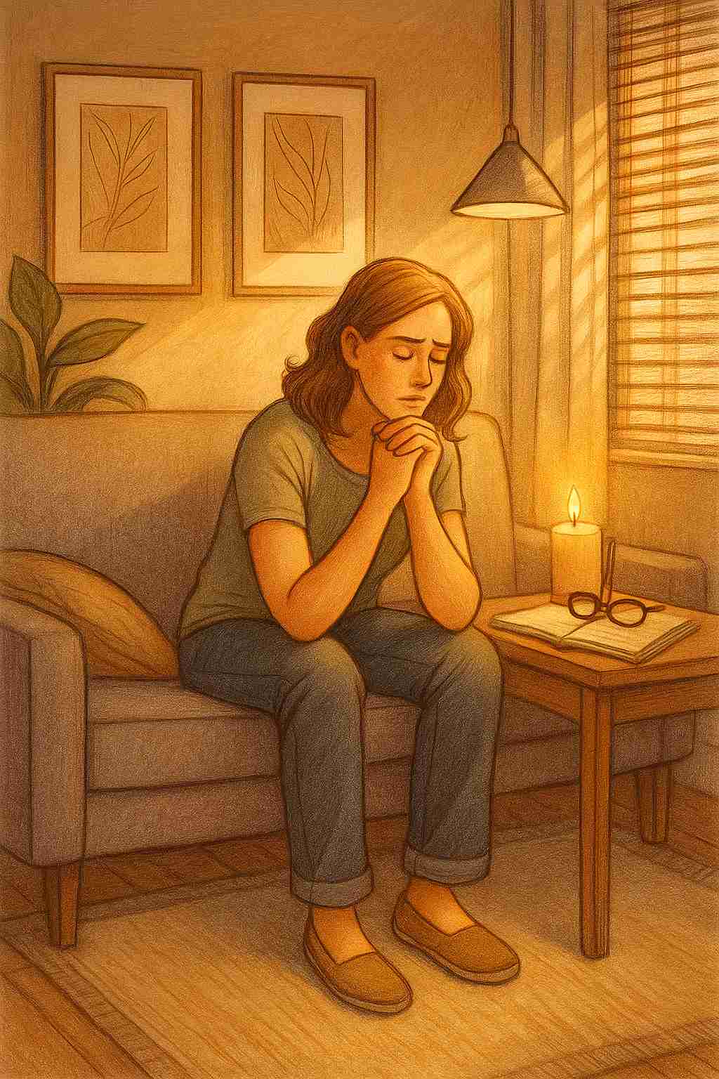 Illustration of a person sitting on a couch with hands clasped, appearing deep in thought, symbolizing the journey of building self-worth and overcoming self-criticism.