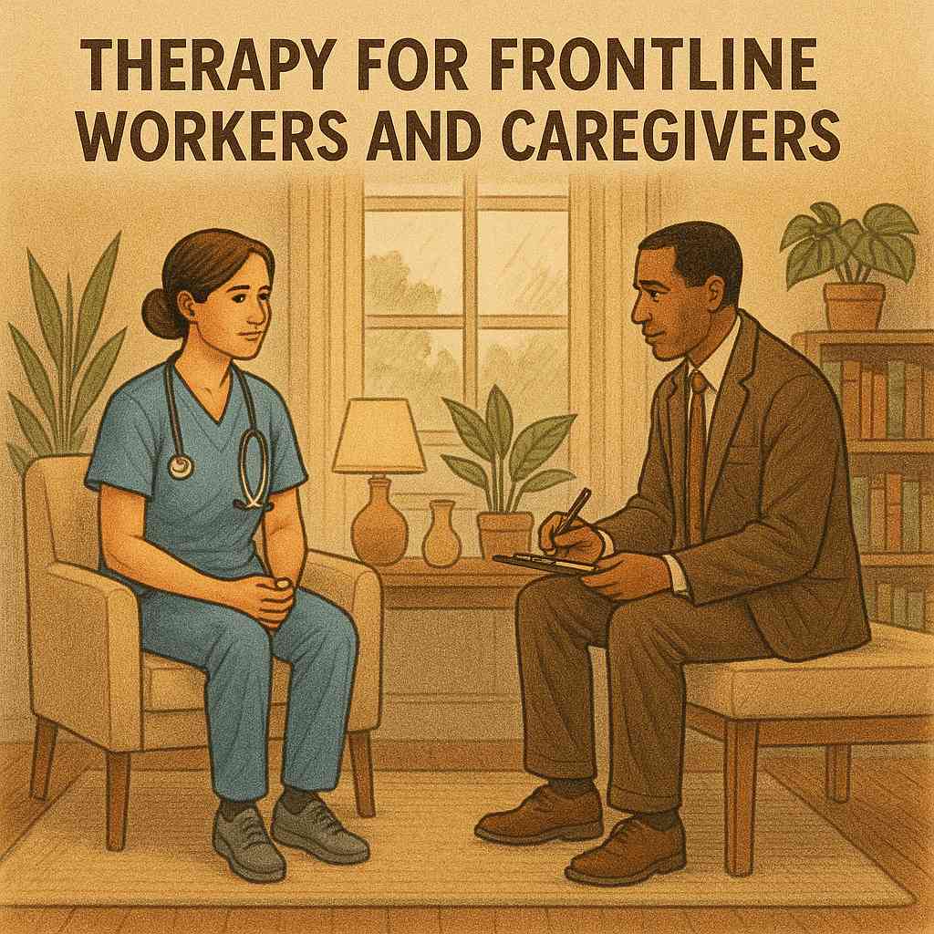 A warm, vintage-style illustration of a therapy session for frontline workers. A female nurse in blue scrubs sits on a beige armchair, speaking with a male therapist in a brown suit who looks at her with care and compassion while taking notes. The cozy room features a window with soft light, indoor plants, a table lamp, and bookshelves. Above them, bold text reads: 'THERAPY FOR FRONTLINE WORKERS AND CAREGIVERS.'