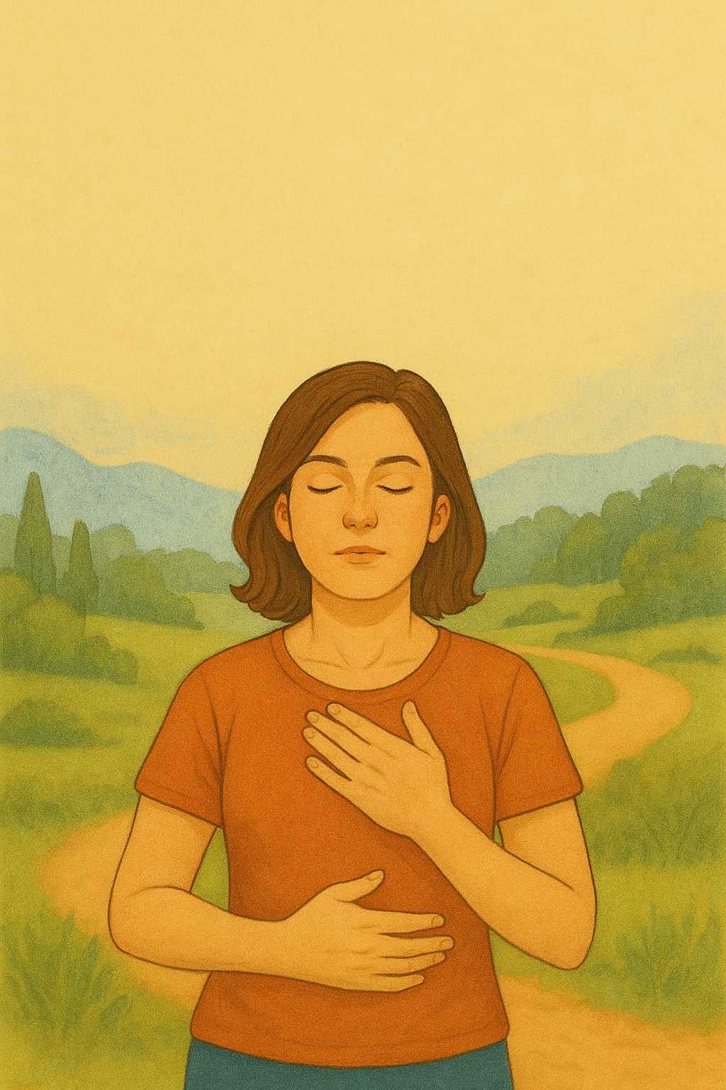 Illustration of a woman standing outdoors with eyes closed, one hand on her chest and the other on her stomach, practicing a calming mindfulness exercise against a backdrop of soft green hills and a winding path.