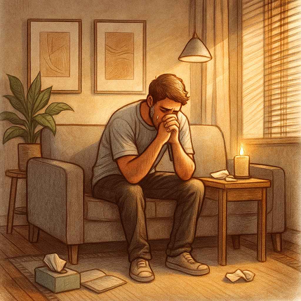 Illustration of a person sitting alone in a softly lit room, reflecting quietly, symbolizing the grief and introspection that can arise during trauma recovery.