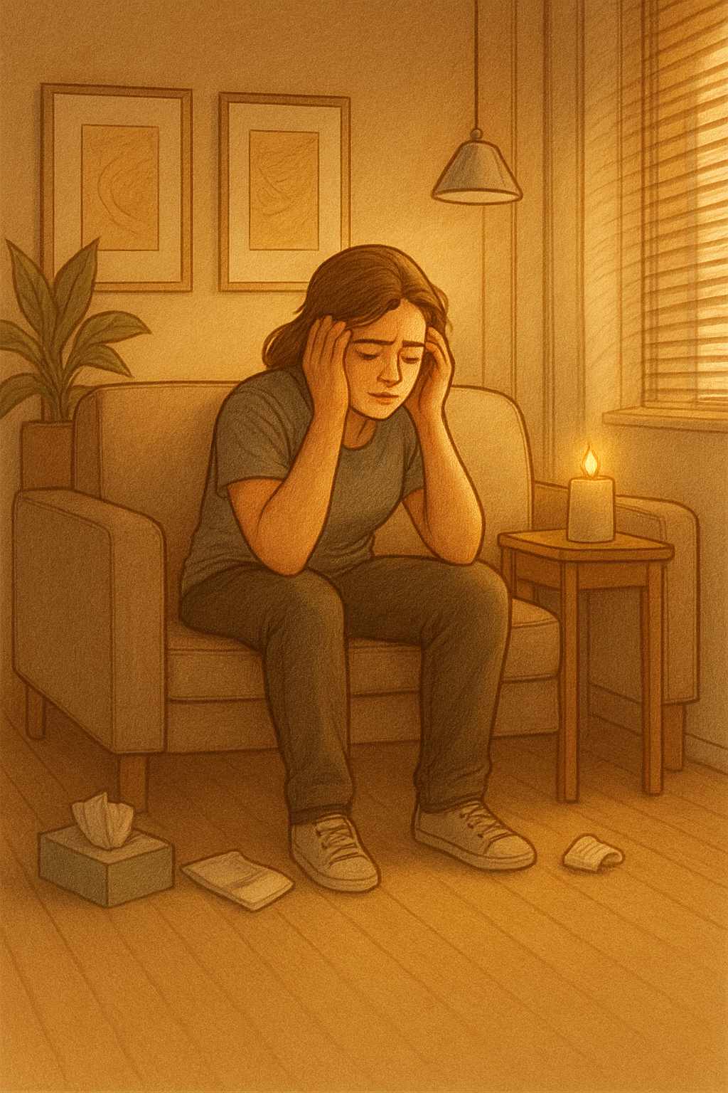 A woman sits on a sofa in a softly lit living room, her head in her hands, appearing deep in thought or emotional pain. A candle glows on the side table beside her, and tissues lie on the floor, evoking a quiet, reflective mood of healing and grief.
